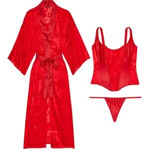 Victoria's Secret Red Burnout Satin Robe + Corset Set, M/L